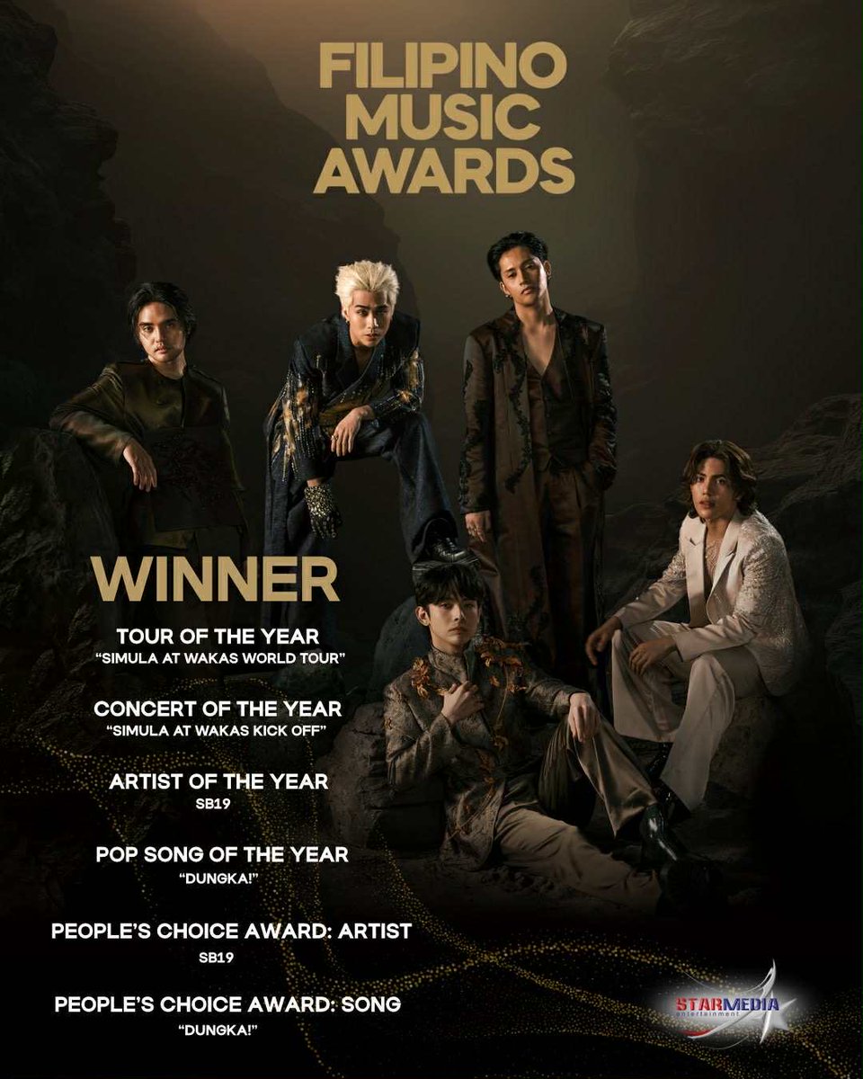 Starmedia Entertainment (@starmediaentph) on Twitter photo Congratulations, <a href="/SB19Official/">SB19 Official</a>, for winning SIX awards, including Tour of the Year and Concert of the Year for Simula at Wakas at the Filipino Music Awards! 🇵🇭
Through the years, we’ve witnessed you push the boundaries of OPM and proudly showcase it on the global stage. It’s Congratulations, <a href="/SB19Official/">SB19 Official</a>, for winning SIX awards, including Tour of the Year and Concert of the Year for Simula at Wakas at the Filipino Music Awards! 🇵🇭
Through the years, we’ve witnessed you push the boundaries of OPM and proudly showcase it on the global stage. It’s