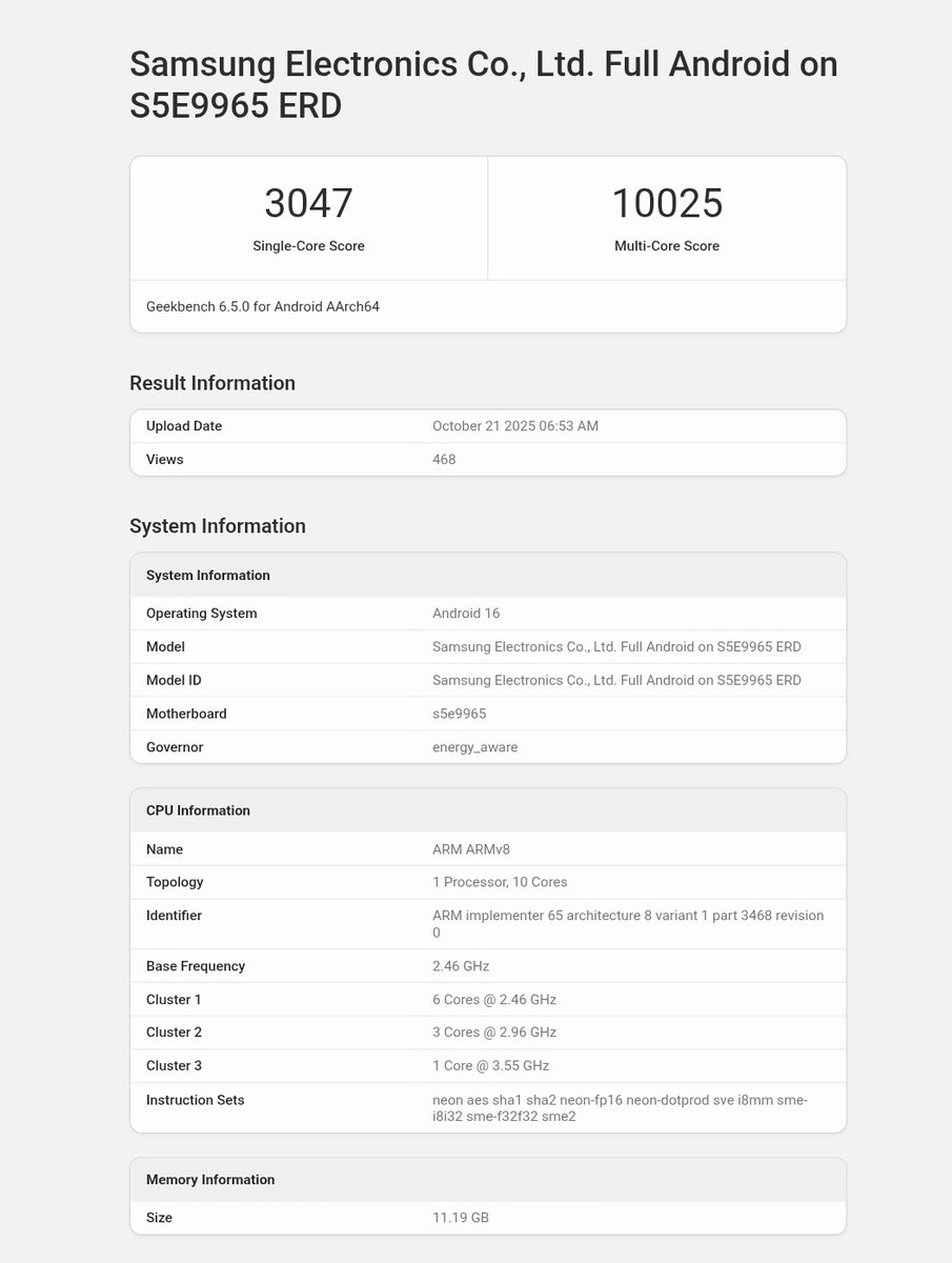 tarunvats33's tweet image. New Geekbench scores for the Exynos 2600 are out — and here’s how it stacks up against Snapdragon! ⚔️

Exynos 2600 
🧠 Single: 3047
💪 Multi: 10025

Snapdragon 8 Elite
🧠 Single: 3186
💪 Multi: 10042

Snapdragon 8 Elite Gen 5
🧠 Single: 3675
💪 Multi: 11096

Interestingly, the…