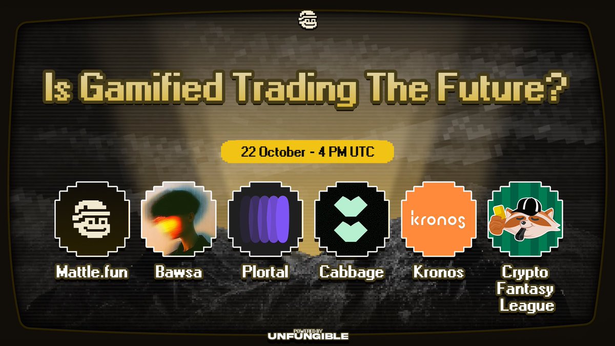 Mattle.fun (@mattlefun) on Twitter photo Is Gamified Trading The Future? 
Featuring special guests: 
<a href="/PlortalAI/">Plortal</a>
<a href="/cabbagedotapp/">Cabbage</a>
<a href="/KronosResearch/">Kronos Research 🟠</a>
<a href="/cfldotfun/">Crypto Fantasy League | Download on Seeker 📱</a>
Don't miss out on our discussion this Wednesday!
⏰ Oct 22nd, 4PM UTC
Set your reminder below 👇 Is Gamified Trading The Future? 
Featuring special guests: 
<a href="/PlortalAI/">Plortal</a>
<a href="/cabbagedotapp/">Cabbage</a>
<a href="/KronosResearch/">Kronos Research 🟠</a>
<a href="/cfldotfun/">Crypto Fantasy League | Download on Seeker 📱</a>
Don't miss out on our discussion this Wednesday!
⏰ Oct 22nd, 4PM UTC
Set your reminder below 👇