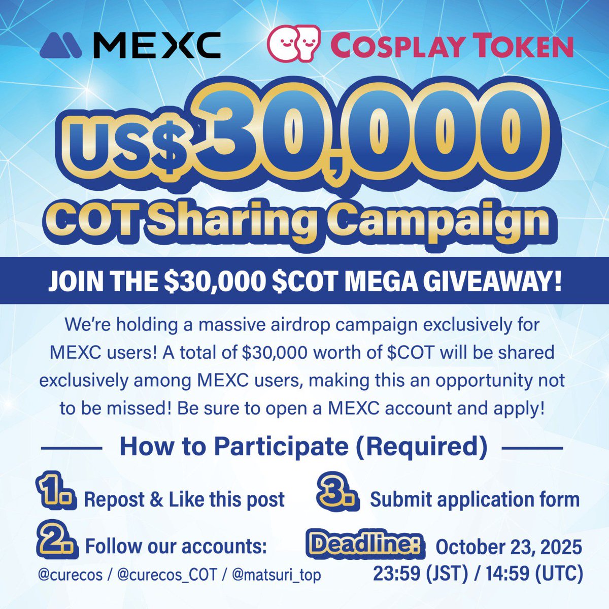 Curecos_COT's tweet image. 【🔥Total $30,000 $COT Super Share Campaign!】
We are holding a massive airdrop campaign exclusively for MEXC users! This is a must-not-miss event where $30,000 worth of $COT will be shared only among MEXC users. Be sure to create your MEXC account and apply!
✅ How to…