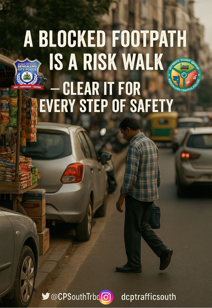 DCPSouthTrBCP's tweet photo. Encroaching on footpaths pushes people onto roads — and into danger.
Respect their space, save a life.
"ಪಾದಚಾರಿಗಳ ದಾರಿಯನ್ನು ಆಕ್ರಮಿಸಬೇಡಿ — ಅದು ಪಾದಚಾರಿಗಳ ಸುರಕ್ಷತೆಗೆ ಮೀಸಲಾಗಿದೆ."
#ClearTheFootpath #WalkSafe #PedestrianFirst #TrafficAwareness #BengaluruTrafficPolice  #SafeRoadsForAll https://t.co/K8OilNSCei
