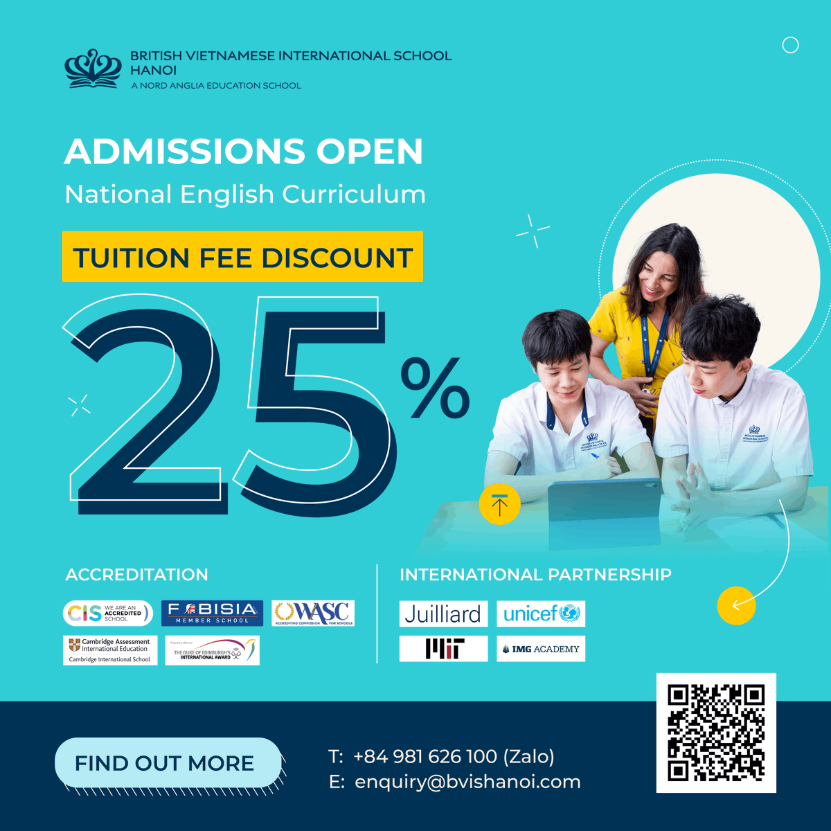 BVISHanoi's tweet photo. Don’t miss out – our 25% Tuition Fee Discount is still open!

Refer a friend or family to join BVIS Hanoi and both families enjoy 25% off tuition fees until AY 2029/2030.

📞 +84 981 626 100 | ✉️ enquiry@bvishanoi.com

#BVIS_Hanoi #ReferralProgramme #TuitionDiscount https://t.co/w8O8OXybMm