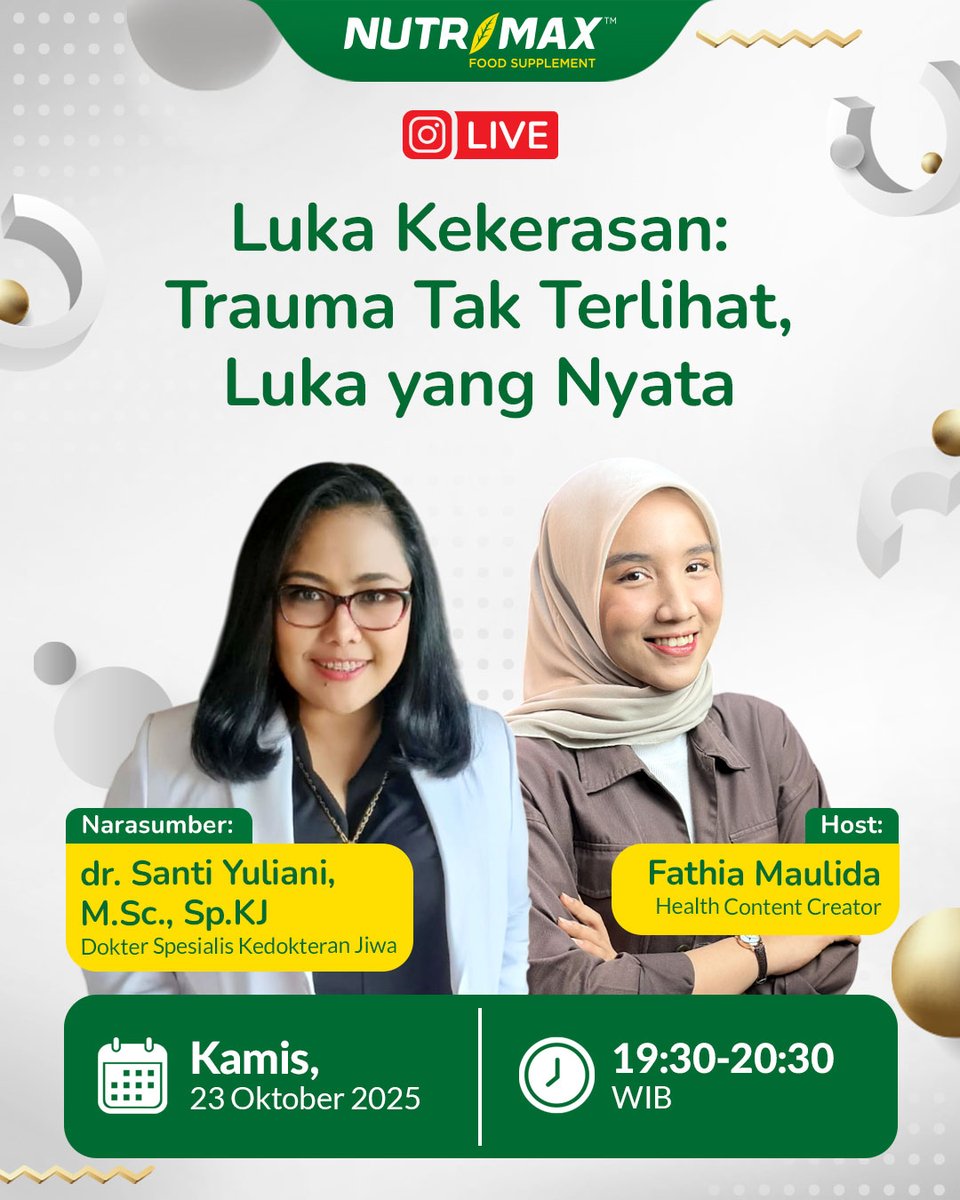 Maraknya kasus kekerasan terhadap perempuan saat ini semakin memprihatinkan. Apa yang menyebabkan perempuan lebih rentan menjadi korban dibandingkan laki-laki❓

Join IG Live Nutrimax:
📅 Kamis, 23 Oktober 2025
🕢 19.30 – 20.30 WIB

FREE ENTRY: instagram.com/nutrimax_indon…