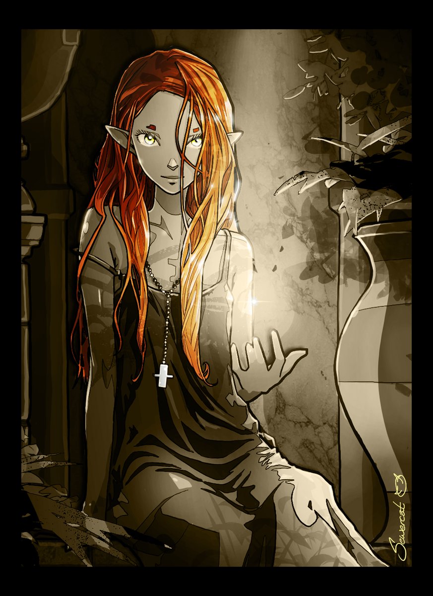 A wisp with an elf in the background.