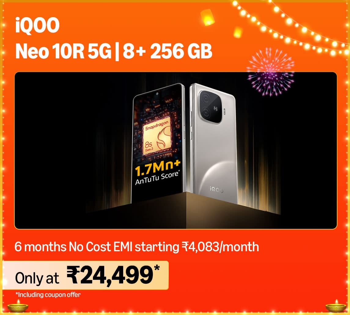 TechDealFinder0's tweet image. #GovardhanPuja
#HappyDiwali
🔥 *Smartphones | Grand Finale Deals 🔥*
🎉 *Great Indian Festival 📣 Ends Today*
- 10% Instant Discount# on Credit Card & EASYEMI on Cards
- #HDFC Bank
📱 *iQOO Neo 10R 5G | 8+256 GB*
⚡ Only at ₹ 24,499
👉🏻 amzn.to/4hkwD7M