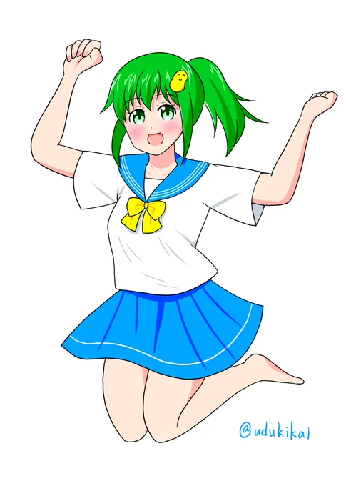 ナウル君()を擬人化したナウルちゃん(個人的見解・非公式)を描いてみました! 髪の毛にナウル君を。 緑の髪と瞳はナウル君をイメージしつつ、青いセーラー服はナウルの青空と青い海をイメージしてみました!!