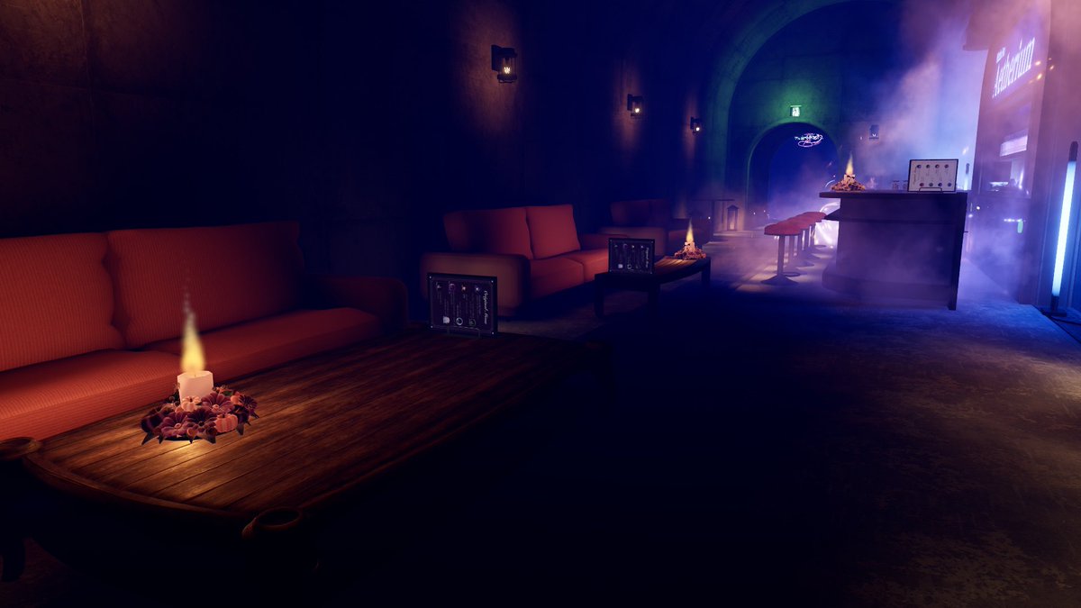 Aetherium_VRC's tweet image. 【10/25(土)は特別営業🎃】
店内をハロウィン仕様でプチ改装しています。
卓上のランプが炎ゆらめくキャンドルになっています🕯

一番大きく変わったのはステージ上ですので、当日のライブをぜひ見に来てくださいね！