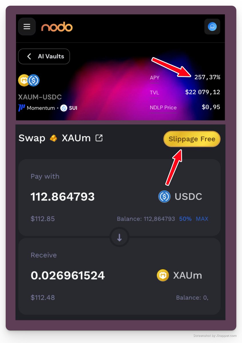aside from liquidity pools on its dapp, <a href="/MMTFinance/">MomentumⓂ️Ⓜ️T</a> powers multiple pools on <a href="/Official_NODO/">NODO</a>

the juiciest (and most underfarmed one) is XAUM-USDC  with 257% APY

XAUM is backed by 99.99% purity LBMA gold stored in secure vaults in Asia, and you can swap into it with 0% slippage