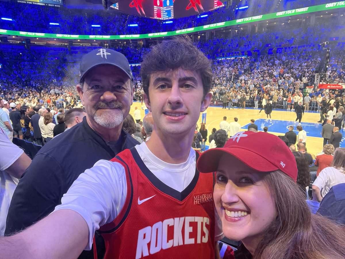 sheilakwatson's tweet photo. Thrilled to be @HoustonRockets game tonight in OKC even if not ending we wanted. Loss by 1 in double OT, but so excited to have @KDTrey5  in red! https://t.co/rCJbjUw6Lm