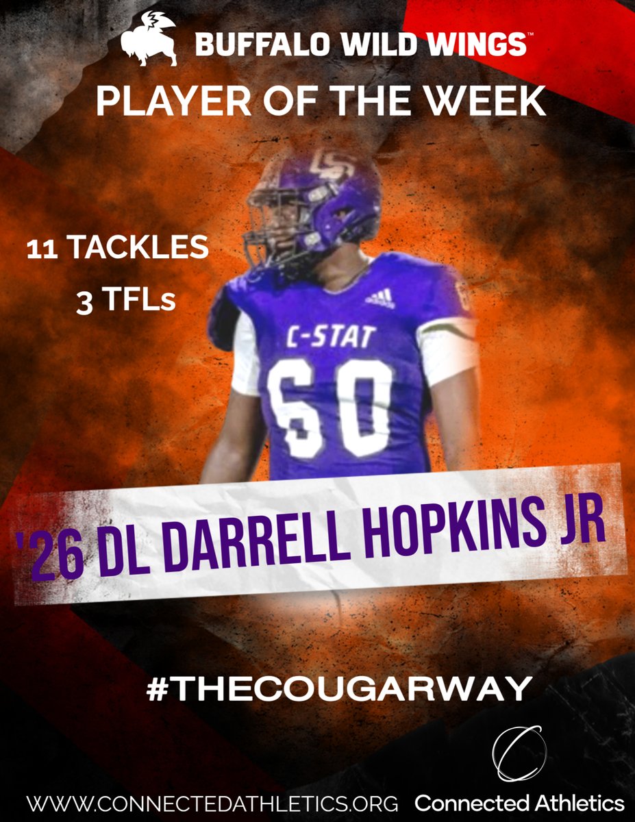 AWilliamsUSA's tweet photo. 💪🏾 Big man in the trenches did WORK!

’26 DL @darrellhop1 was a straight-up problem for offenses this week, racking up 11 tackles and 3 TFLs 😤

That’s why he’s this week’s @BWWings Player of the Week for @TheCougarWay!🔥

📍Celebrate the win and grab some wings with the squad at Buffalo Wild Wings. 903 University Dr. East, College Station, TX

#TheCougarWay #BWWPlayerOfTheWeek | #ConnectedAthletics | #TXHSFB | @CSHighSchool