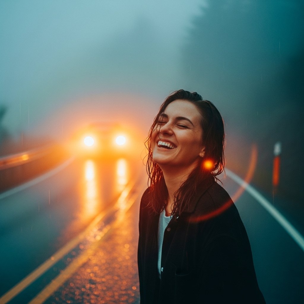 rovvmut_'s tweet image. Google Imagen 4 Ultra on Google AI Studio.

A woman laughing joyfully on a wet mountain road shrouded in thick cinematic fog. Dramatic amber headlights from a car glow through the dense mist, illuminating rain-soaked asphalt. The portrait is shot on a 35mm lens with dreamy bokeh…