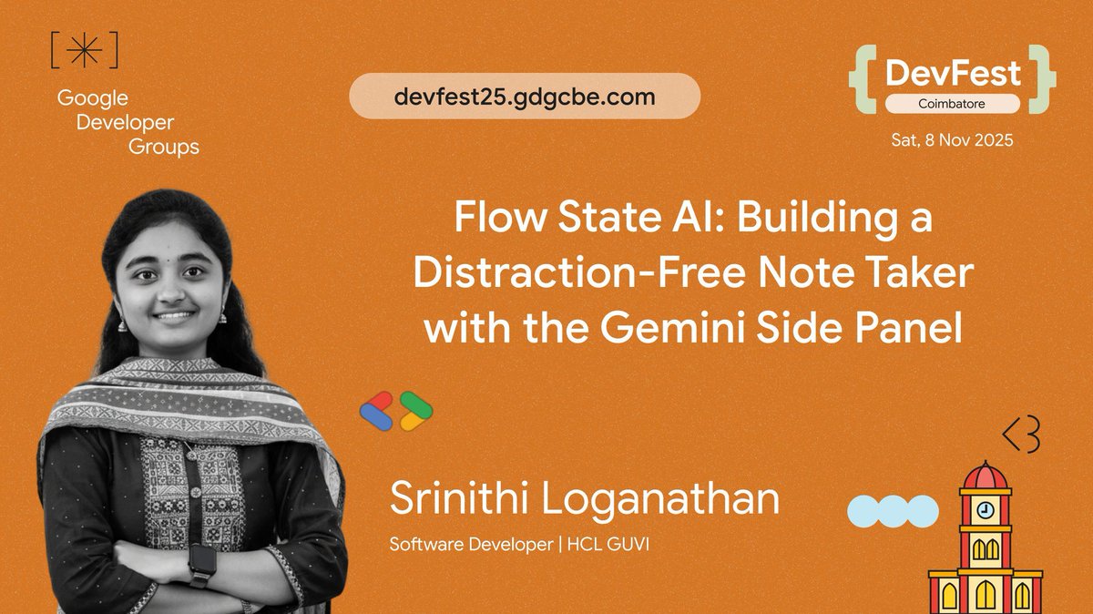 Join Srinithi Loganathan, Software Developer at HCL GUVI, at DevFest 2025 Coimbatore! Learn to create a "Distraction-Free Note Taker" and achieve flow state with the power of the Gemini Side Panel.

Register now: theticket9.com/book/devfest-c…

#DevFest2025 #AI #Gemini #GDGCoimbatore