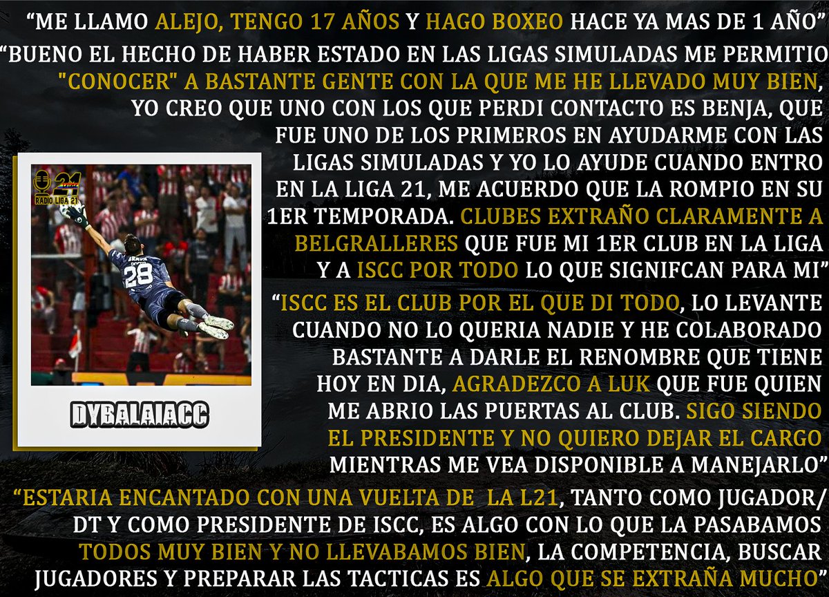 🎙️ - Dybalaiacc

El glorioso delantero, simbolo y sinónimo de Instituto Soviético. Dybalaiacc paso por las oficinas de Radio Liga 21. #PostLiga21. 

Prepare los guantes Alejo querido!