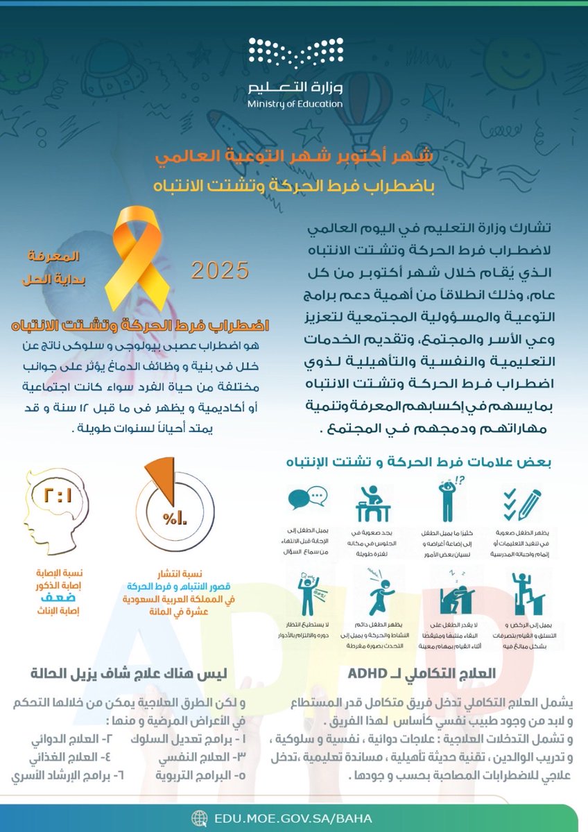 MOE_BHH's tweet photo. مناسبات |
تفعل مدارس  #تعليم_الباحة شهر التوعية باضطراب فرط الحركة وتشتت الانتباه؛ بهدف تثقيف المجتمع التعليمي ونشر معلومات موثوقة حول حقائق عن الاضطراب وكيفية التعامل معه. https://t.co/nqSE9LOuc6