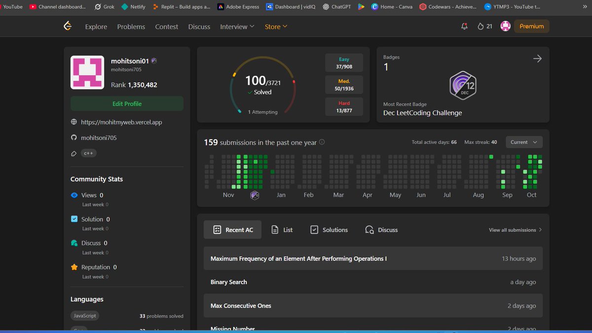 mohitparmarsoni's tweet image. Finally 100 question solved on leetcode platfrom 
This is just starting more to come🥳