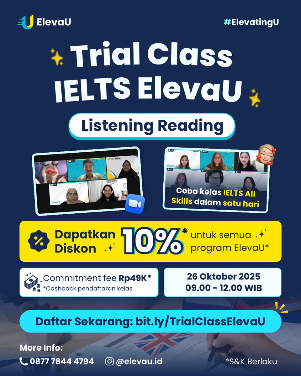 Banyak yang gak berani daftar beasiswa, soalnya takut ambil tes IELTS 😔

Daripada nunda terus, yuk mulai dari sekarang! Coba Trial Class IELTS di ElevaU biar tau seberapa siap kamu untuk ambil tes IELTS

Slotnya terbatas, daftar di bit.ly/TrialClassElev… sebelum penuh! 🚀 [PP]