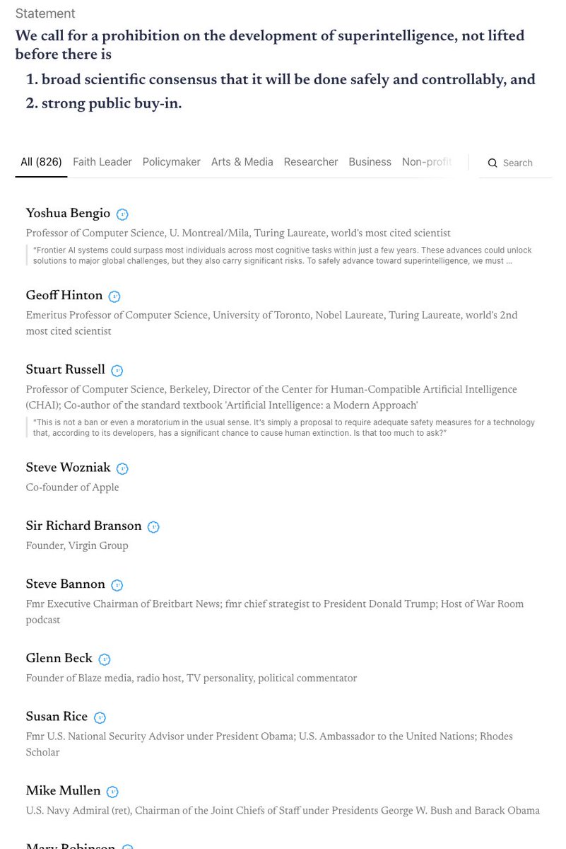 tegmark's tweet image. A stunningly broad coalition has come out against Skynet: AI researchers, faith leaders, business pioneers, policymakers, NatSec folks and actors stand together, from Bannon & Beck to Hinton, Wozniak & Prince Harry. We stand together because we want a human future.…