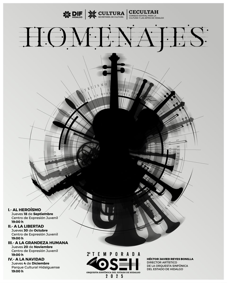 CronicaHidalgo's tweet image. La Orquesta Sinfónica del Estado de Hidalgo te invita a su Segunda Temporada de Conciertos 2025: “Homenajes”.
A través de la música, se rendirá tributo a la valentía, la libertad, la grandeza del espíritu humano y la magia de la Navidad.