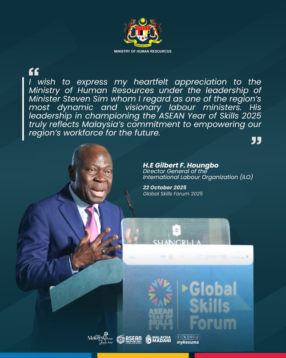 mykesuma's tweet image. 🌏 ILO DG H.E. Gilbert F. Houngbo praised Minister Steven Sim as “one of the region’s most dynamic and visionary labour ministers,” applauding Malaysia’s leadership in the ASEAN Year of Skills 2025 — a clear sign of our commitment to empower the region’s workforce. 💪

#ILO #MOHR