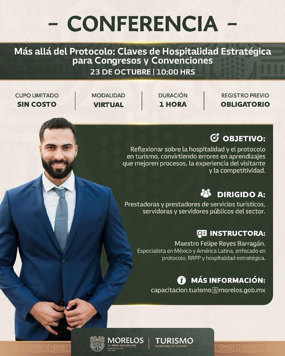 El 23 de octubre, en colaboración con la Secretaría de Turismo Morelos, impartiré la conferencia virtual “Más allá del protocolo”, para explorar cómo la hospitalidad estratégica puede elevar el valor de cada encuentro.