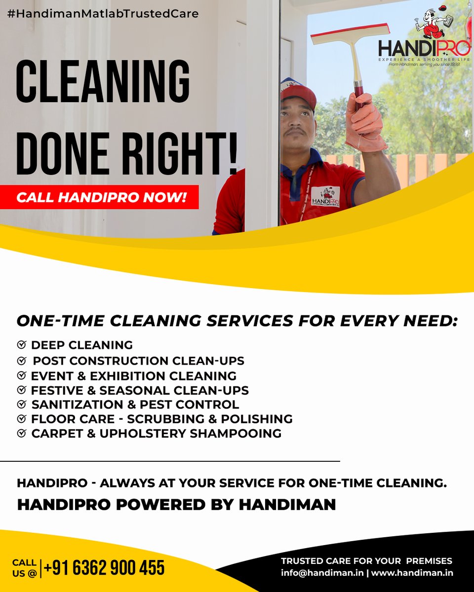 Choose HandiPro - because a clean space starts with the right hands.
📞 Connect us Now: 63629 00455
🌐 Visit: handiman.in
#HandiPro #HandiProCleaning #DeepCleaningServices #OneTimeCleaning #ProfessionalCleaning  #CleaningExperts #CleaningDoneRight