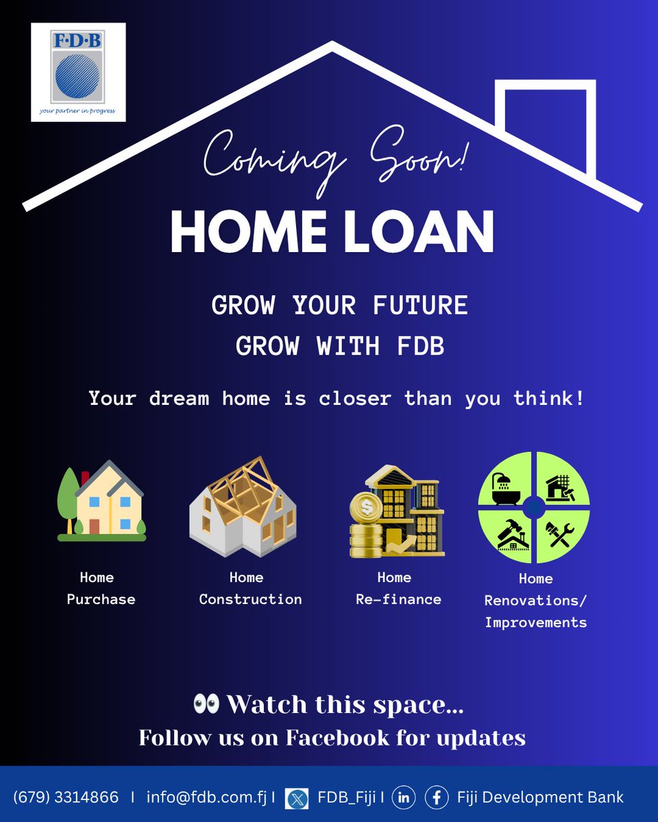 FDB_Fiji's tweet image. We know you’ve been waiting… 👀

We’re putting the finishing touches on a Home Loan Solution made to empower Fijian families and communities. 🏠🌱

✨ Almost here. Stay tuned!

#FDB #YourPartnerInProgress #HomeLoan #ComingSoon