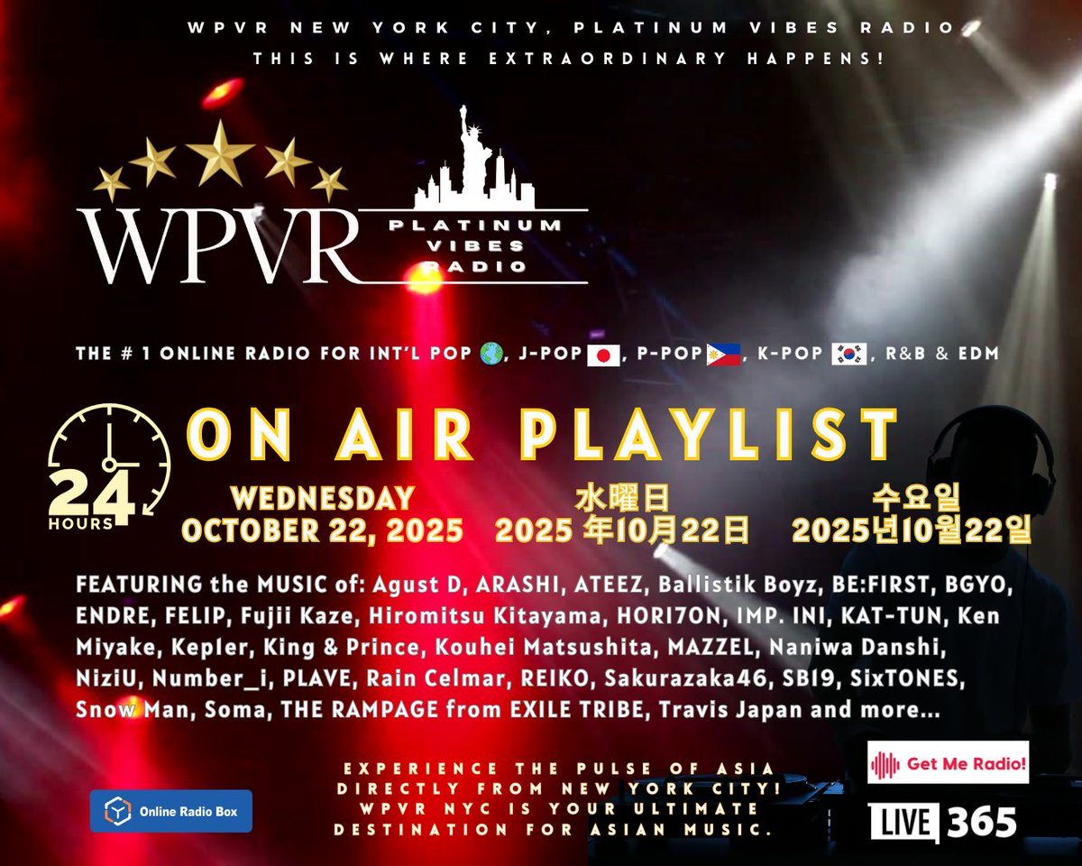 WPVR NYC - Platinum Vibes Radio (@platinumvibes8) on Twitter photo Hey Platinum World! どーも!  안녕하세요! This is the WPVR NYC Platinum Vibes Radio playlist from 1:00 am - 11:59 pm for ⚡️Wednesday, OCTOBER 22, 2025 ⚡️ |  2025年10月22日 |  2025년10월22일 | Oktubre 22, 2025. Thank you always for listening and supporting the WPVR NYC platform! Hey Platinum World! どーも!  안녕하세요! This is the WPVR NYC Platinum Vibes Radio playlist from 1:00 am - 11:59 pm for ⚡️Wednesday, OCTOBER 22, 2025 ⚡️ |  2025年10月22日 |  2025년10월22일 | Oktubre 22, 2025. Thank you always for listening and supporting the WPVR NYC platform!
