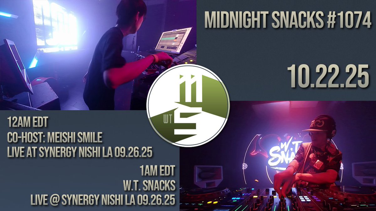 Midnight Snacks is goin' live!
Tonight's ep has the opening and closing sets from <a href="/AtkTheMusic/">Attack The Music</a> #SYNERGY西 in LA last month from <a href="/MeishiSmile/">Meishi Smile</a> and myself, respectively!
R@RE DJ set from Meishi Smile!!

twitch.tv/MidnightSnacks…