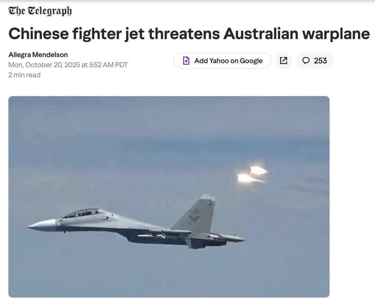🚨澳大利亚一架P-8A巡逻机在南海执行例行任务时，被中共国苏-35战机近距离拦截并投放照明弹。此举对澳大利亚飞机及人员构成风险。

澳大利亚防长Richard Marles表示澳方是在进行“例行巡逻”和“航行自由”演习，并已通过外交渠道向中方表达了抗议，表示将继续在该地区活动。
