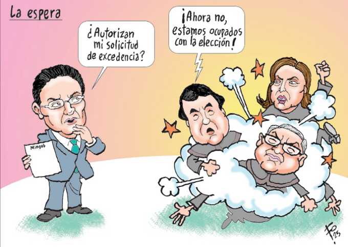 Cartoon illustration shows a central male figure in a suit and glasses holding a document labeled Solicitud, standing puzzled. Surrounding him are swirling clouds with four caricatured politicians: a man with glasses shouting Autorizan mi solicitud de excelencia, another bald man yelling Ahora no estamos capacitados, a woman exclaiming La elecciÃ³n, and an older man with glasses amid stars and exclamation marks. The title La espera appears at the top, signed Fo at the bottom right.