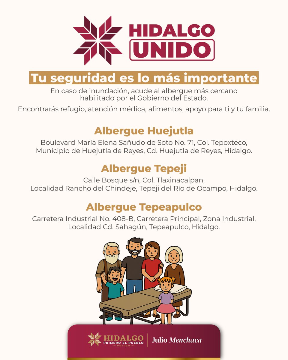 CronicaHidalgo's tweet image. Tu seguridad es lo más importante.
En caso de emergencia, acude a los albergues habilitados por el Gobierno del Estado para apoyar a las familias de las comunidades y municipios afectados por las lluvias.
#HidalgoUnido