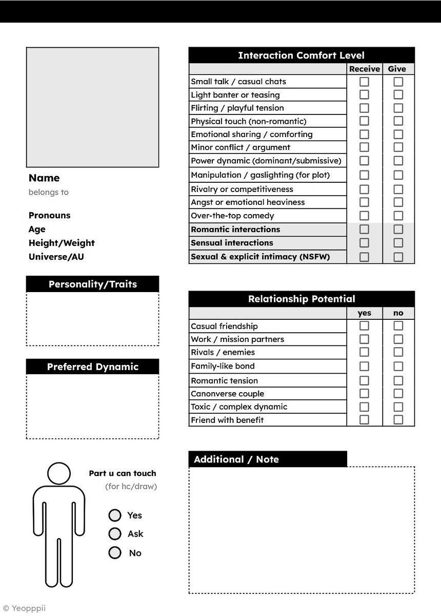 yeopppii's tweet image. I made a simple template for informing about things ur #octwt can do or not before interacting/RP/HC!

ko-fi.com/s/6884479fb8 (free)

You may make minor edits and translate it into other languages, but removing the credit below is strictly prohibited!