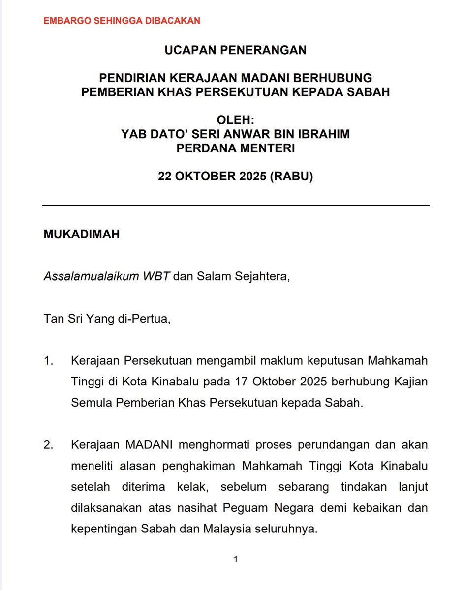 adamyusuf88's tweet image. MADANI tak abaikan Sabah

PM tekankan, kerajaan tak pernah abai hak Sabah. Malah, banyak perkara dalam Perjanjian Malaysia 1963 (MA63) sudah diselesaikan

Contoh:
- Sabah kini urus sendiri elektrik
- JKR, JPS dan JAS diberi kuasa lulus projek
- Ada wakil tetap dalam LHDN

1/3