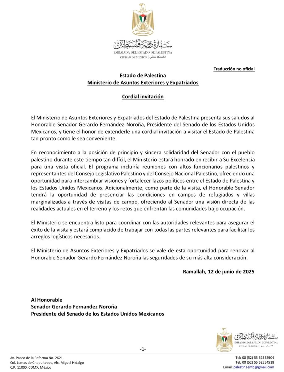 Está es la carta invitación que presenta el Senador Noroña, el cual pedirá licencia para asistir de manera oficial como Senador de la República y representante de México a una visita de estado….tendra autorización del Senado, tiene la representación de la presidenta? Que enredo!