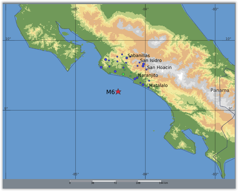 QLARM's tweet image. EARTHQUAKE M6.0. Origin Time: 2025-10-22 03:57:05 UTC, Costa Rica (9.27 ; -84.39), Depth: 10.0 km, (source(s): GFZ). Estimated fatalities: 0 to 0, injured: 0 to 50