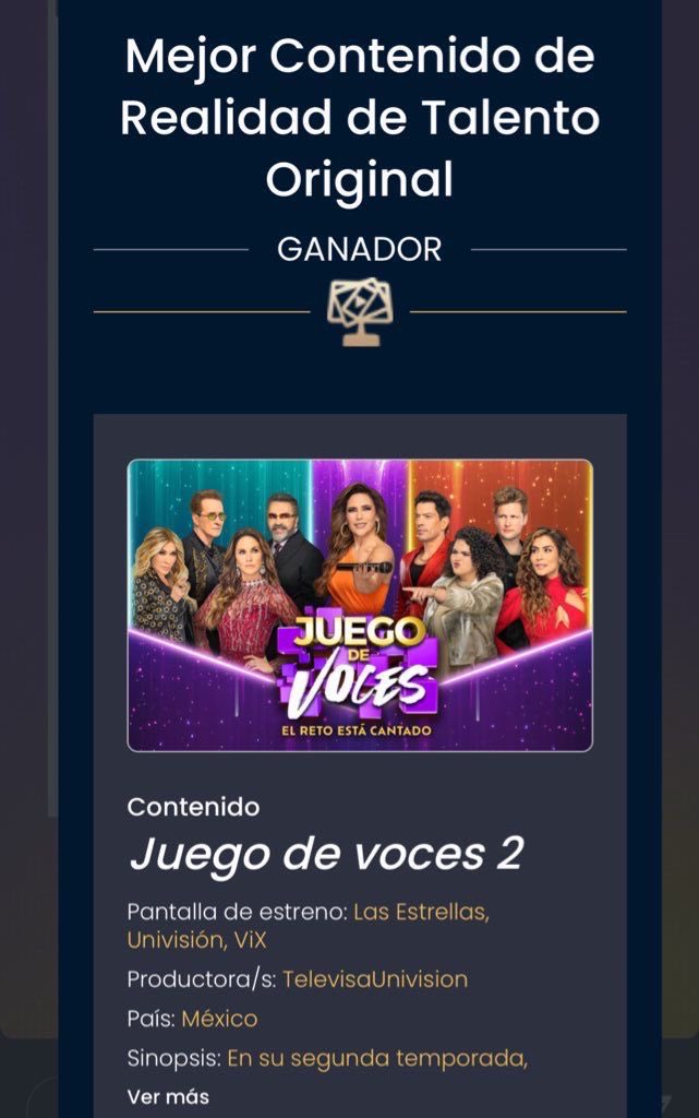 Qué emoción! 🏆💜
La segunda temporada de #JuegoDeVoces es GANADOR en los premios #PRODU como Mejor Contenido de Realidad de Talento Original. ✨

Muchas gracias y felicidades a todo el equipo y a mi familia del Team Leyendas y Team Estrellas, y por supuesto, al público que nos
