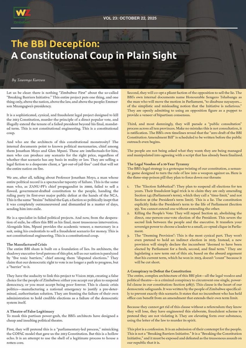 🔹Guys, here is a great read by <a href="/mafira_kurewa/">Tawonga Kurewa</a>: #FateoftheNation. He breaks down the plot of Professor Jonathan Moyo and Glen Mupani, which was stitched together in a bid to defeat our constitution and protect Emmerson Mnangagwa’s presidency under the guise of healing the nation