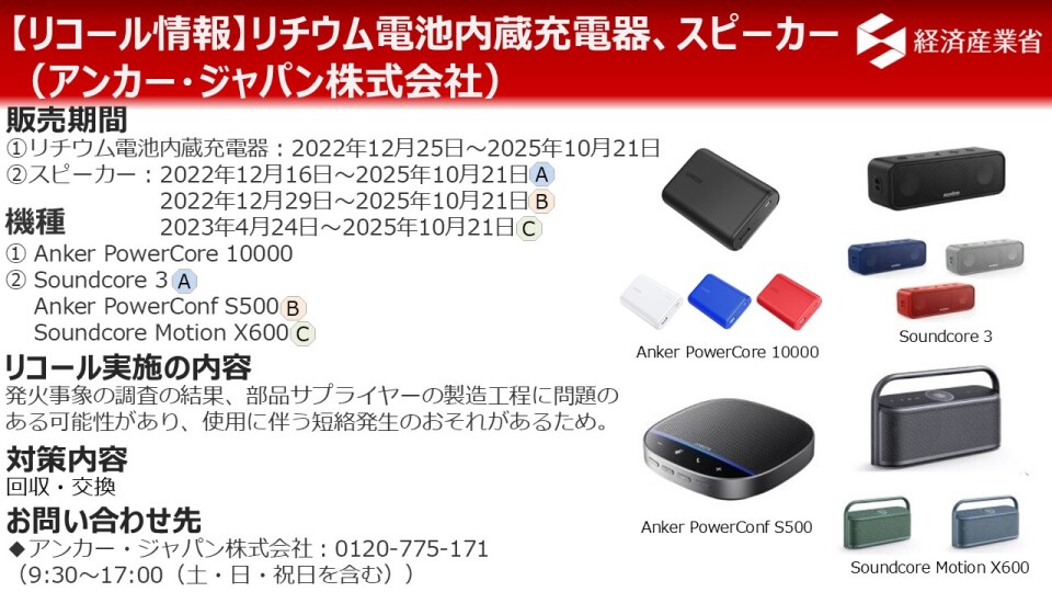 kochijiko's tweet image. 【リコール情報】
◆事業者名:アンカー・ジャパン株式会社
◆製品名:リチウム電池内蔵充電器、スピーカー
◆詳細はプロフィール記載のHP「製品安全ガイド」をご覧ください。