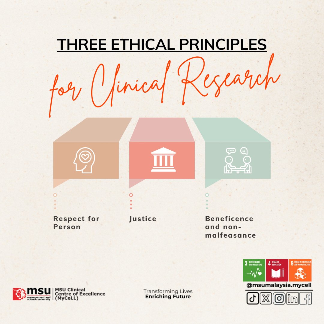 MSUMyCeLL's tweet image. 🧬 Ethical Research, Compassionate Care 🩺
Every clinical study stands on three core principles: Respect for Persons, Justice, and Beneficence & Non-Malfeasance, ensuring integrity, fairness, and care in every discovery. 💡
#ClinicalEthics #ResearchWithIntegrity #MyCeLL