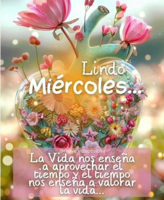A transparent heart-shaped glass vase filled with an arrangement of colorful flowers including pink roses, yellow and orange blooms, and green foliage, set against a glowing background with scattered petals and sparkles. Overlaid text in Spanish reads Lindísimo Miércoles at the top and La vida nos enseña a aprovechar el tiempo y el tiempo nos enseña a valorar la vida at the bottom.