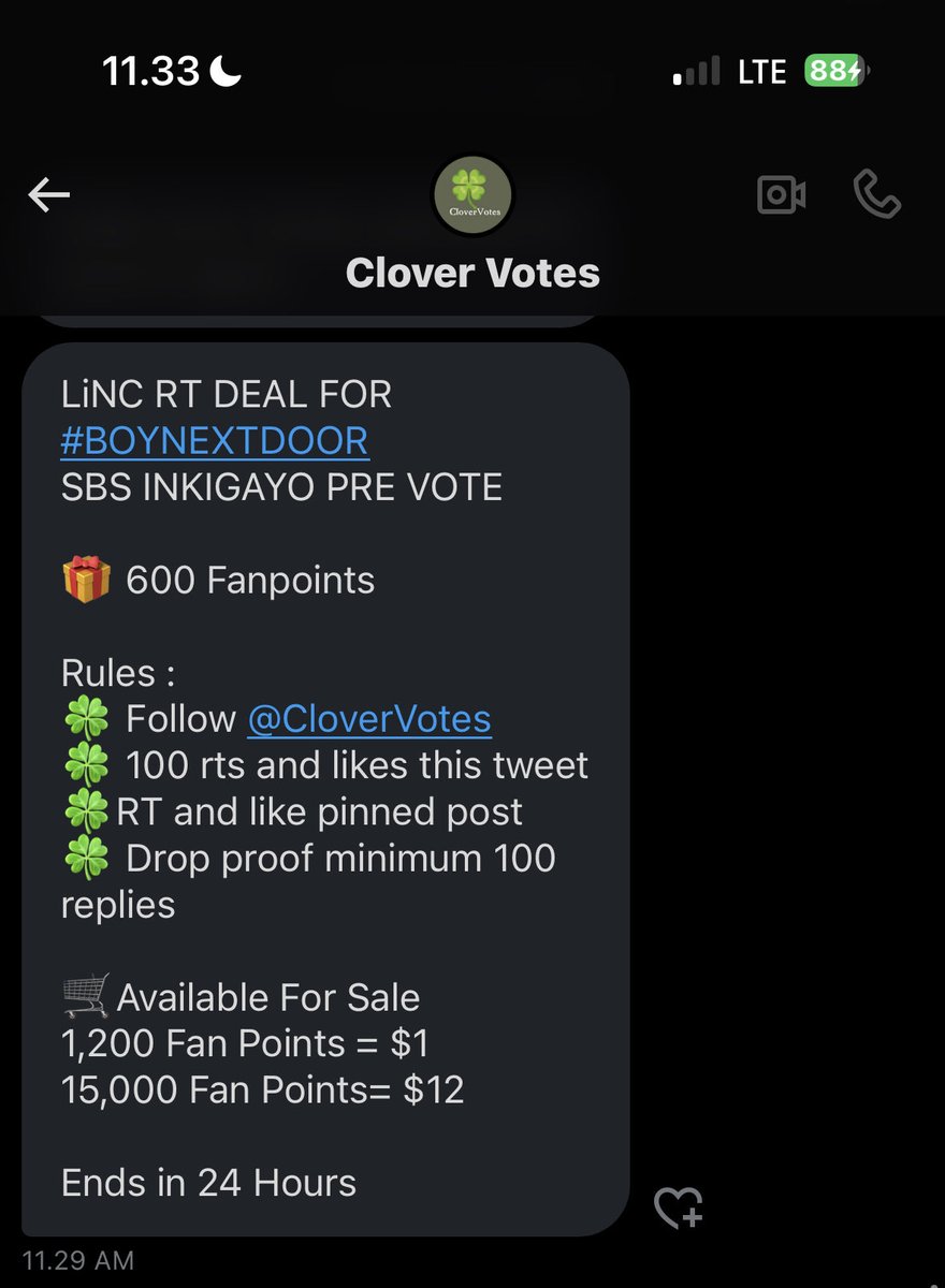 LiNC RT DEAL FOR #BOYNEXTDOOR
SBS INKIGAYO PRE VOTE

🎁 600 Fanpoints

Rules :
🍀 Follow <a href="/CloverVotes/">Clover Votes</a>
🍀 100 rts and likes this tweet
🍀RT and like pinned post 
🍀 Drop proof minimum 100 replies

🛒Available For Sale
1,200 Fan Points = $1 
15,000 Fan Points= $12

Ends in 24 Hours