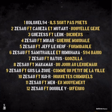 First image displays a numbered tracklist for the album with titles like 1 KOLONEL94 ILS SONT PAS PRETS GENE and features such as ZESAUX FT RATUS GONZILLA including artist names like Kolonel94 Cabeza Ledk Minar Jeff Le Nerf Samitraille Rim Khana Manaman Igor La Zone Meh Double V. Second image shows album cover art featuring the title Bad Game réseau in bold metallic letters over a dark background with tangled black cables golden accents and a skull with crossbones emblem.
