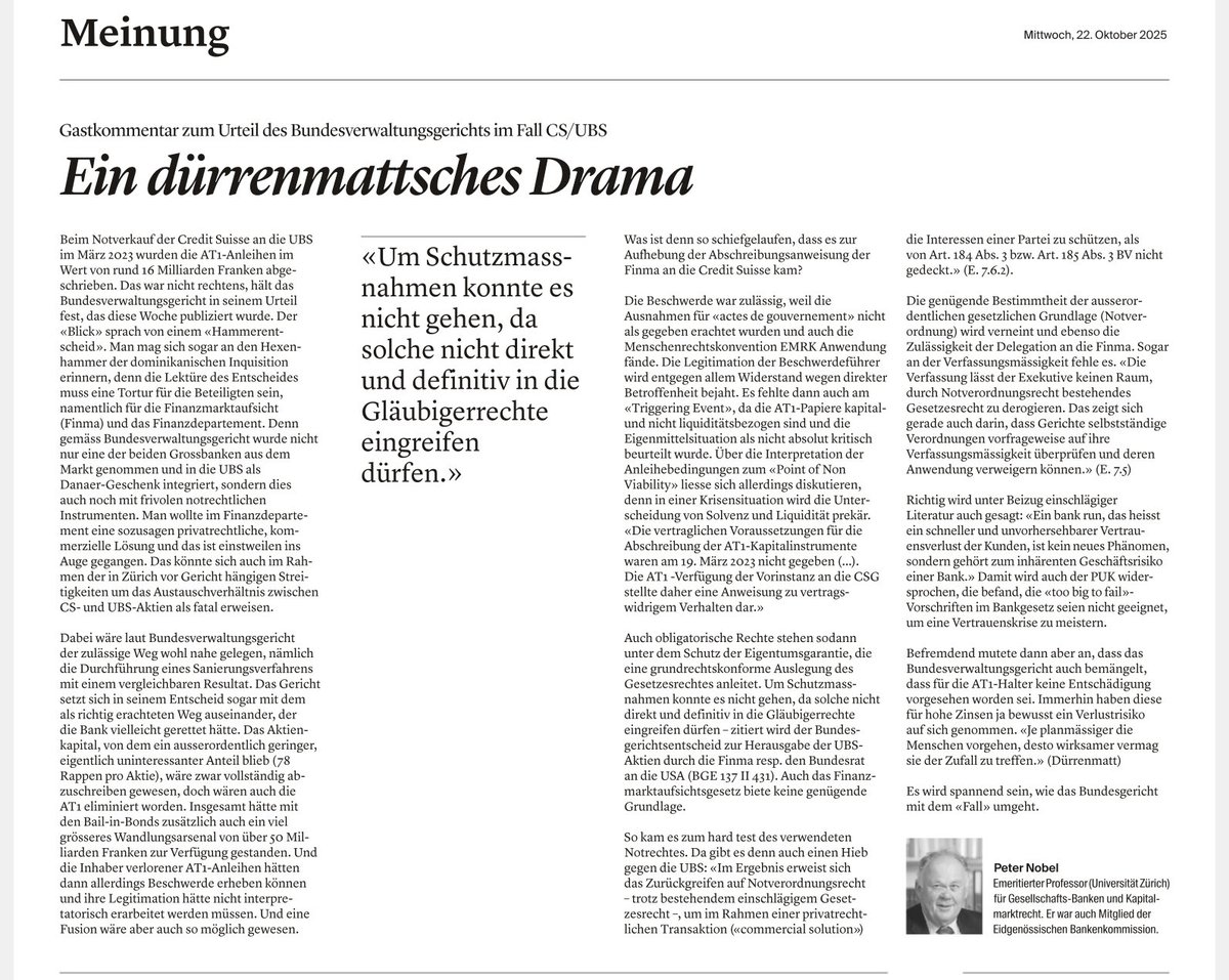Spannende Ausführungen von Rechtsanwalt Peter Nobel zu den AT1-Anleihen. Die #ZugerZeitung hat mehr und mehr spannende Beiträge (wie dieser). Ich empfehle ein Abonnement. Dann lernt ihr auch mehr über unseren liberalen, spannenden Kanton.