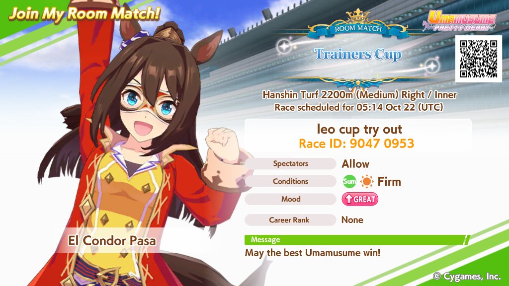 MasterOreo2's tweet image. Let's race! I'm holding a Room Match in Umamusume: Pretty Derby. Room ID: 9047 0953
webview.games.umamusume.com/umamusume/cont…
#Umamusume #RoomMatchOpen