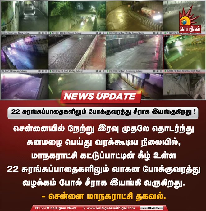 22 சுரங்கப்பாதைகளிலும் சீராக  இயங்கும் போக்குவரத்து, கடும் மழைக்கு  இரையாகி கொண்டிருந்த சென்னையை மீட்டிருக்கிறது திமுக!
#ChennaiRains 
#DMK4TN