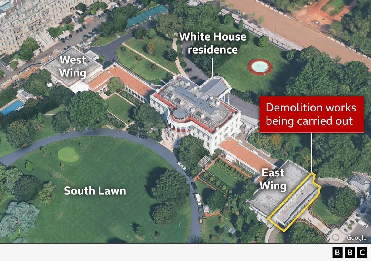 alx's tweet image. Just so we’re clear, the past 48 hours of Democrat meltdowns that Donald Trump is “destroying The White House” have been over construction done on the area in the yellow box: