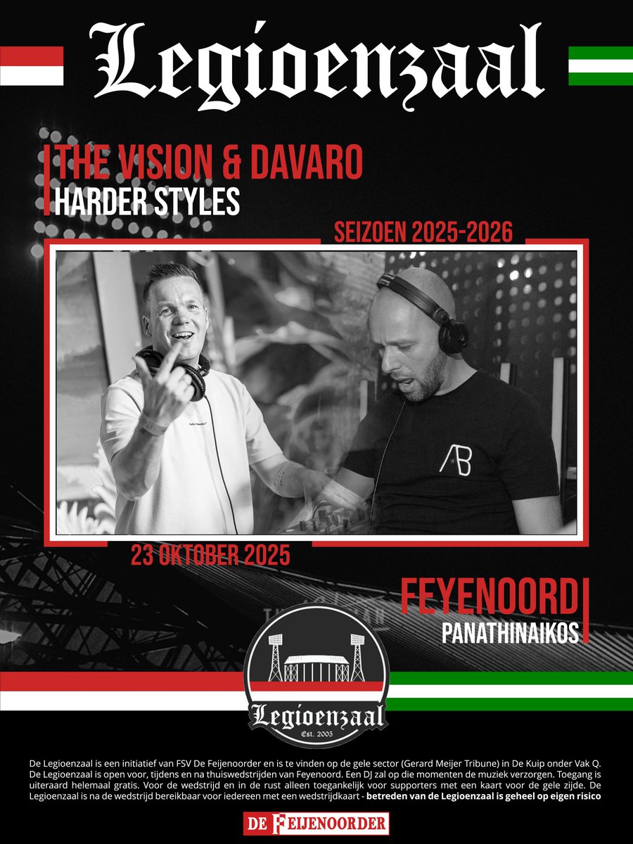 Donderdag in <a href="/DeLegioenzaal/">De Legioenzaal</a> 2 DJ's B2B Vision versus Davaro.

Voor de wedstrijd, in de rust en bij goed resultaat een after Party.

Come On Feyenoord ❤️🤍🖤