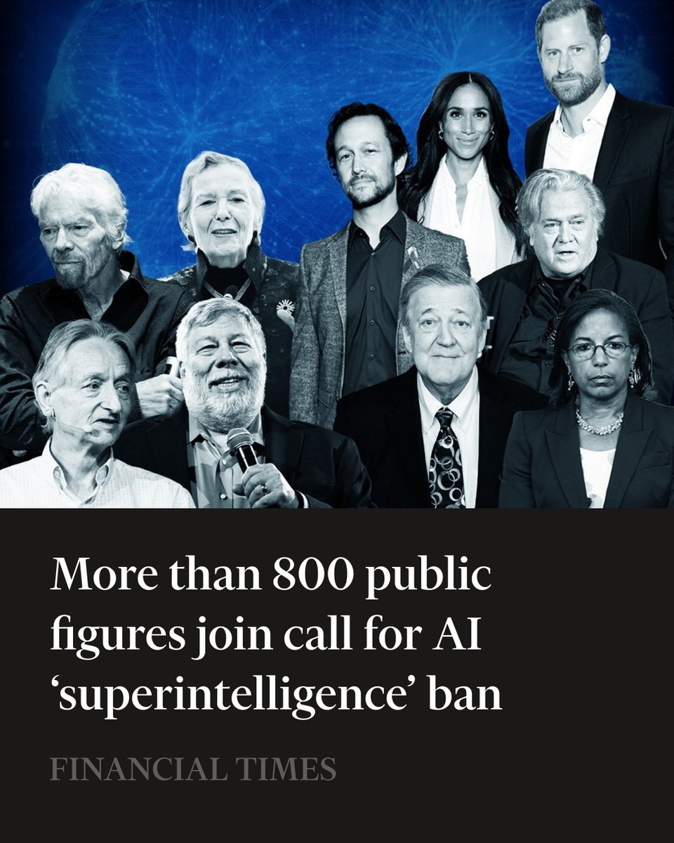 Steve Bannon, Meghan Markle and Stephen Fry are among the signatories of a statement calling for a ‘prohibition’ on advanced artificial intelligence systems on.ft.com/42U3ieB