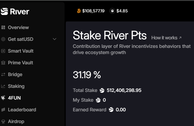 오늘부터 $RIVER 야핑 해보기로 했습니다.

 $RIVER 찍먹이라도 해봐야 FOMO 안올것 같아서...

스테이킹 APR이 무려...30% 스테이킹 안 하면 바보 되는 느낌?  진심 홀드하면서 에어드랍 노릴까 고민이 되네요.? <a href="/RiverdotInc/">River</a> 에서 올리는 포인트 시스템도 흥미롭고.. 
YAP 하면서 커뮤니티랑 같이