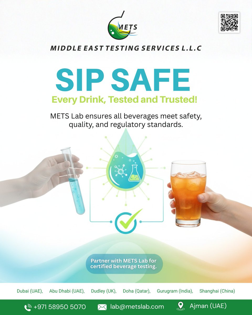 MetsLab_'s tweet image. SIP SAFE with METS Lab ๐งช  
Certified #BeverageTesting for water, juices & more. 
๐ Ajman | Dubai | Abu Dhabi | Doha | Dudley | Gurugram | Shanghai 
๐ +971 58950 5070 | ๐ง lab@metslab.com
#FoodSafety #LabTested #ISOCertified #DrinkSafe #FSSAI #QualityAssurance